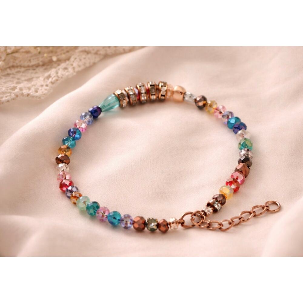 Colorful Crystal Beaded Bracelet Rhinestone Adjustable Chain Boho Artisan Style